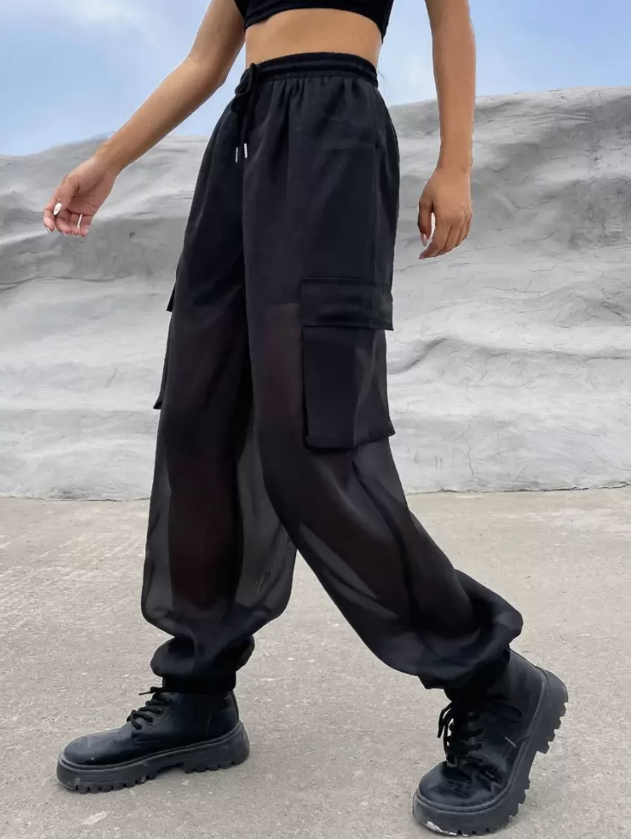 【あさみ私服】A034（EZwear フラップポケットサイドドローストリングウエスト カーゴパンツ)